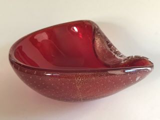 Vintage Murano Red Cased Glass Bowl With Gold Aventurine And Controlled Bubbles