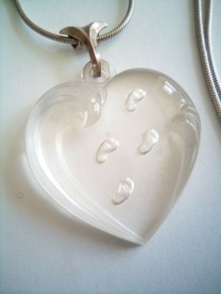 Vintage Lenox Glass Heart Necklace,  Babies Footsteps On 925 Silver Chain