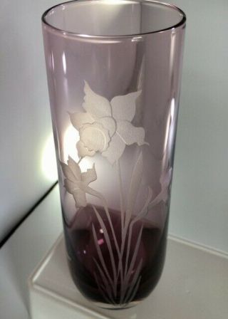 Vintage Caithness Glass Vase Pale Purple - Etched Daffodils: Signed Hm