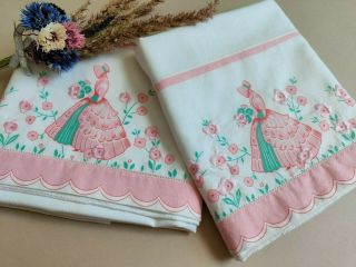 Vintage Embroidered Crinoline Lady Pillow Cases Pink