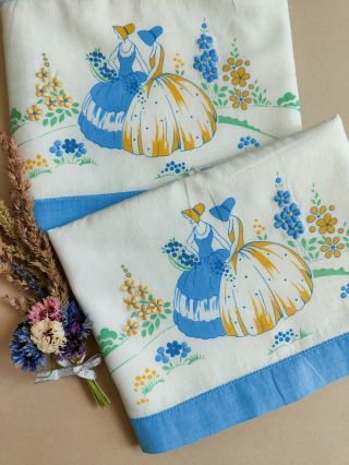 Vintage Embroidered Crinoline Lady Pillow Cases Blue