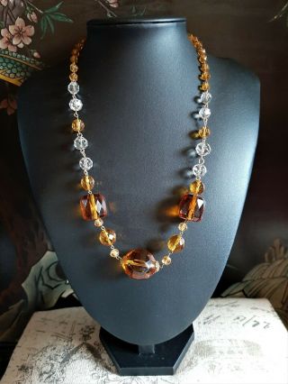 Vintage Art Deco Faceted Czech Amber Glass Bead Necklace