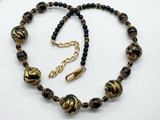 Vintage Gold Black Graduated Venetian Art Glass Bead Art Deco Ladies Necklace