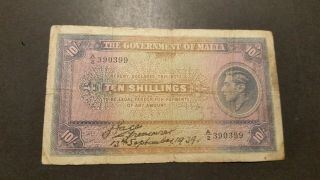 Malta,  10 Shillings Vintage Bank Note.  1940.  King George Vi.