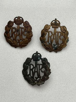 3 Vintage Ww2 King’s Crown Kc Military Raf Royal Air Force Back Lugs Cap Badges