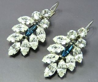 Vintage Silver Dangle Earrings Navettes Rhinestones Blue Sapphire & Clear Leaves