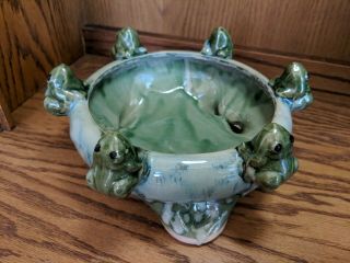 Vintage 6 Frogs On A Lilly Pad Green Ceramic Bamboo Planter Pot Round