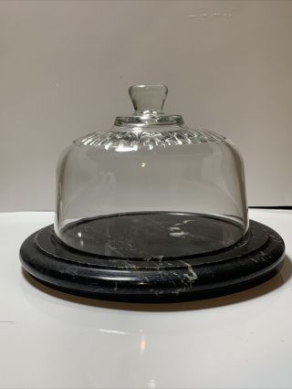 Vintage 8.  5in Black Marble Cheese Board With Glass Dome Top