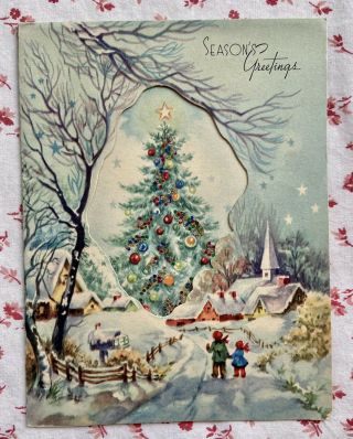 Vintage Mid Century Glittered Christmas Tree Snow Scene Kids Town Greeting Card