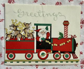 Vintage Mid Century Christmas Santa Claus Reindeer Rr Train Greeting Card