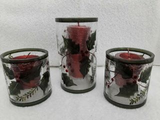 Vintage Yankee Crackle Glass Set Of 3 Votive Holders Hand Painted Holly