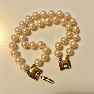 Vtg Monet 2 - Strand Faux Pearl Bracelet Gold Tone Bar Clasp 7 1/2 " Signed