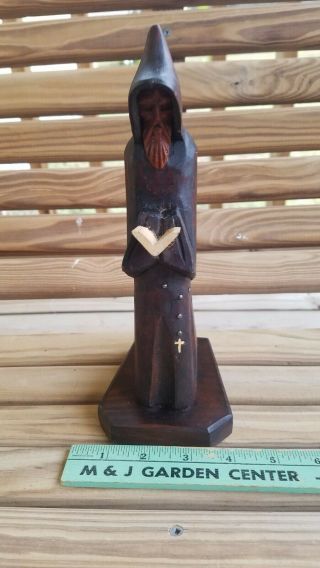 Vintage Hand Carved Wood Praying Monk Priest Figurine Rosary & Bible Cross