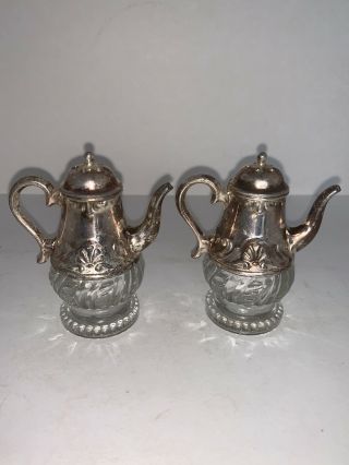 Vintage Silver Plate & Glass Coffee Tea Pot Salt And Pepper Shakers