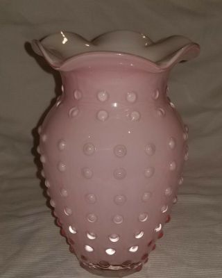 Vintage Fenton Pink Cased Glass Vase Hobnail Bubble Ruffled Edge 1960 