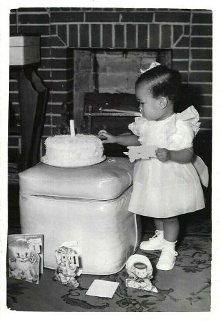 1 Yr.  Old Roanoke Va Black Birthday Girl Fancy Dress & Cake 1950s Vintage Photo