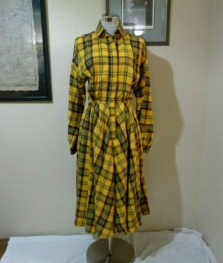 80s Does 50s Sunshine Starshine Yellow/black Plaid Full Skirt Midi Dress M