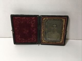 Antique Wooden Frame Tin Type Photo Framed Case W/photo Of Woman 2 1/2 X 3 In.