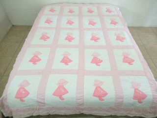 Vintage Hand Sewn & Quilted Pink Sunbonnet Sue Applique Quilt; 88 " X 63 " ;