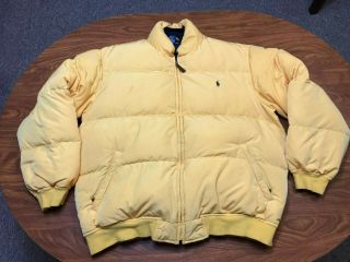 Mens Vintage Polo Ralph Lauren Yellow Zip Up Down Puffer Jacket Size Large