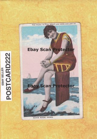 Ct West Haven Savin Rock 1917 Vintage Postcard Lady In Swimsuit Water Is Fine