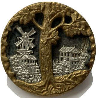 Antique Vintage Large Metal Picture Button Charter Oak Tree Village Acorns