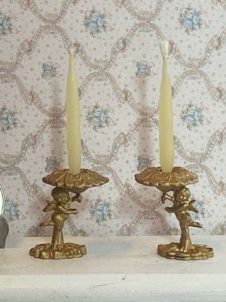Pair Vintage Pewter Cupid Candleholders Candles Dollhouse 1:12 Miniature Gold