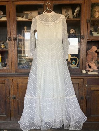 Women’s 1970s Net Floral Applique Polka Dot Wedding Dress White Maxi Bridal