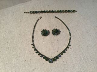 Vintage Costume Jewelry Rhinestone Set Necklace Bracelet Clip - On Earrings Greens