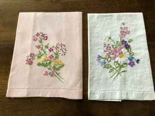 Vintage Hand Embroidered Tea Towels 2 1 Pink 1 White Colorful Flowers Linen