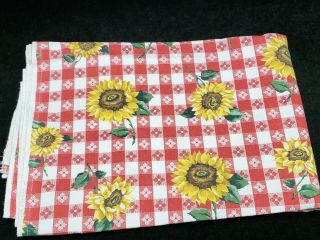 Vintage Cotton Tablecloth Sunflowers On Red & White Checks Estate Find 58x72 "
