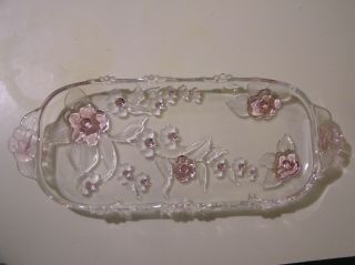Vintage Clear Glass With Pink Embossed Floral Serving Dish Platter