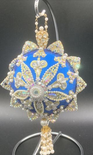 Vintage Blue 8” Long Christmas Ornament Rhinestone Beaded Pearl Pins Handmade