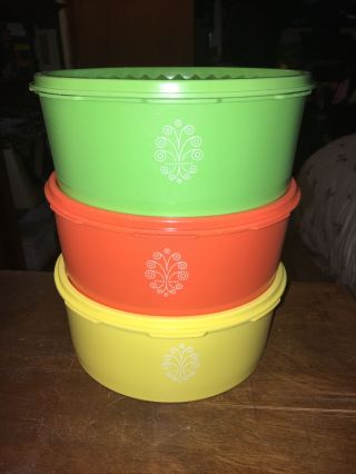 Vtg Set Of 3 Orange Green Yellow Tupperware Servalier Stacking Canisters 1204