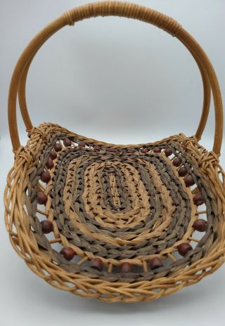 Vintage Gathering Herb/flower Beaded Boho Bohemian Basket With Wood Base
