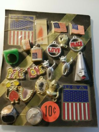 Vintage Bubble Gum Machine Charms / Prizes Header Card Rings Peace Usa 10cent