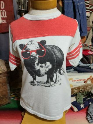 Vtg 80s Party Dairy Cow Farm Sunglasees Beach Raglan Jersey T Shirt