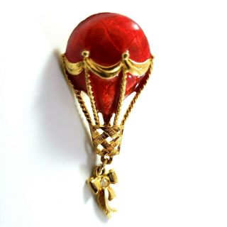 Vintage Avon Gold Tone Red Enamel Hot Air Balloon Pin Brooch Pinback,  2.  25 " Long