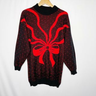 Vtg Womens Size Medium Ugly Christmas Sweater Long Tunic Black Red Bow 80s 90s