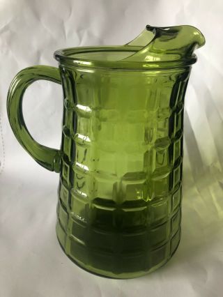 Vintage Mid Century Green Glass Pitcher Heavy With Square Pattern Applied Handle
