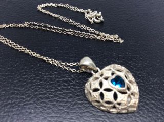 Vintage Sterling Silver Avon Filagree Blue Crystal Heart Pendant And Chain