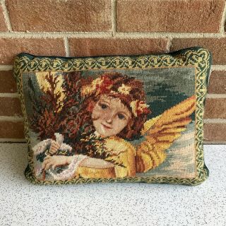 Vtg Cherub Angel Embroidered Pillow,  Euc 16”x12”