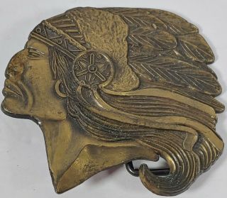 Vintage Native American Indian Chief Head Brass Belt Buckle