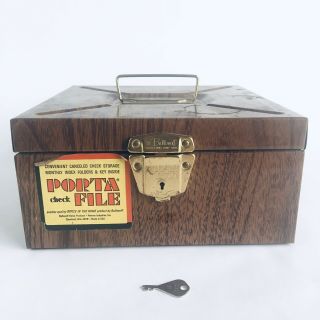 Vintage Metal File Box Porta File Check Storage Box W/ Key Wood Grain 9” Square