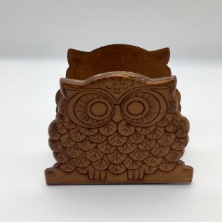 Vintage Mid Century Carved Wood Owl Napkin Holder Mail Holder