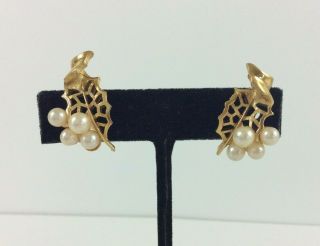 Vintage Crown Trifari Earrings Leaf Faux Pearl Gold Tone Clip On