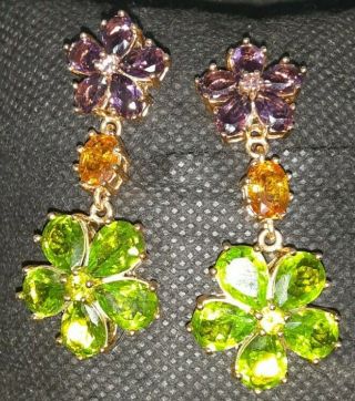 Vintage Flower Purple Green Gemstone Gold Plate.  925 Silver Pierced Earrings