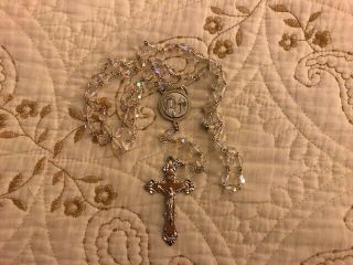 Vintage Rosary Beads,  Clear Glass With Silver - Tone Cross And Medal,  24 "