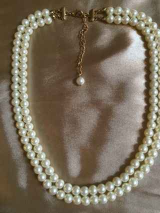Vintage Double Strand White Faux Pearl Necklace Adjustable Clasp 6