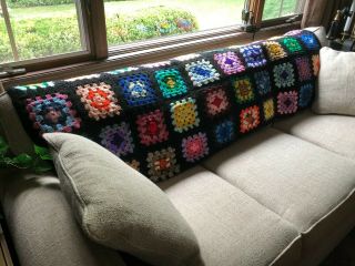 Vtg Handmade Crochet Black Granny Square Sofa Back Throw Afghan Lap Blanket
